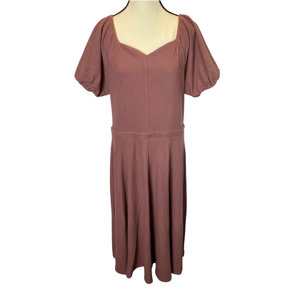 Ivy City Co Midi Dress Women XL Mauve Ribbed Knit Sweetheart Puff Sleeve Brunch